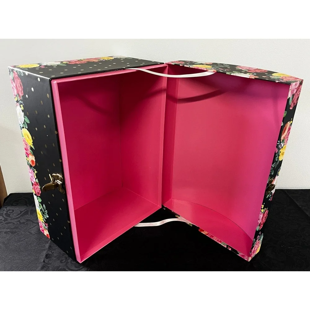 Floral Polka Dot Decorative Storage Trunk Black Pink Rose Gold Latch Chest 15.5